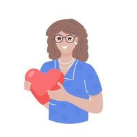 mujer feliz con corazón de San Valentín. enamorarse concepto para el día de san valentín. Ilustración de vector plano aislado en blanco.