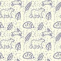 Hand drawn seamless pattern of cute children's illustrations. Repeatable print of forest animals and leaves. Funny elements in doodle style. vector