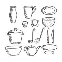 Cute handmade kitchen ware collection. Flat vector illustration. Decorative tableware isolated on white background. Kitchen utensils.