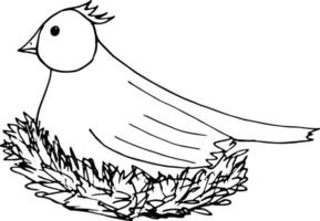 pájaro en el icono de nido, pegatina. bosquejo dibujado a mano estilo doodle. minimalismo, monocromo. primavera, huevos para incubar, polluelos vector