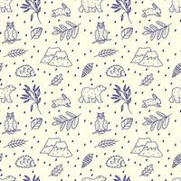 Hand drawn seamless pattern of cute children's illustrations. Repeatable print of forest animals and leaves. Funny elements in doodle style. vector