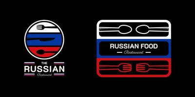 logo de restaurante de comida rusa. símbolo de la bandera de Rusia con iconos de cuchara, cuchillo y tenedor. ilustración de logotipo de lujo y premium vector