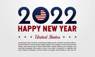 Feliz año nuevo 2022 con fondo de texto de bandera de Estados Unidos. área de espacio de copia. bandera de los estados unidos de américa. diseño de vector de ilustración premium y de lujo
