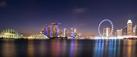 Panorama view of downtown business buildings area at night in Singapore.Singapore is a world famous tourist city. photo