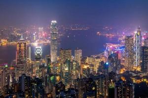 Hong kong downtown the famous cityscape view of Hong Kong skyline during twilight time view from the Victoria peak in Hong Kong. photo