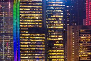 Close up colourful modern high rise building view from the Kowloon at night time in Hong Kong. photo