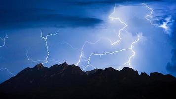Panorama view of thunder storm lightning strike over mountain with dark cloudy sky background at night. photo
