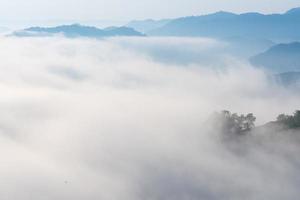 View of amazing mist moving over the nature mountains during sunrise at mountains area in Thailand. photo