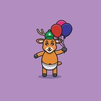 lindo personaje de ciervo bebé trae globos. personaje, mascota, icono y lindo diseño. vector