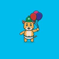 Cute Baby Tiger Bring Balloons. Character, Mascot, Icon, and Cute Design. vector