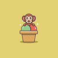 Cute Baby Monkey On Ice Cream. Character, Mascot, Logo, Cartoon, Icon, and Cute Design. vector