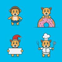 conjunto de lindo personaje de tigre bebé con varias poses. con casco, donas, navidad y chef. vector