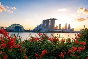Panorama view of business downtown building area during sunset time at Singapore. photo
