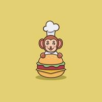 Cocinero lindo del mono del bebé en la hamburguesa. personaje, mascota, logotipo, caricatura, icono y lindo diseño. vector