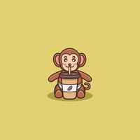 Cute Baby Monkey Coffee. Character, Mascot, Logo, Cartoon, Icon, and Cute Design. vector