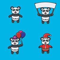 conjunto de personaje lindo bebé panda con varias poses. traer pancarta, globos y pancarta navideña. vector