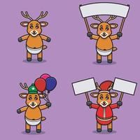 Set Of Cute Baby Deer Character With Various Poses. Bring banner, balloons and christmas banner. vector