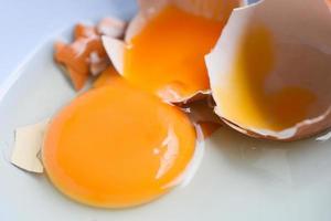broken egg yolk on bowl Fresh chicken eggs photo