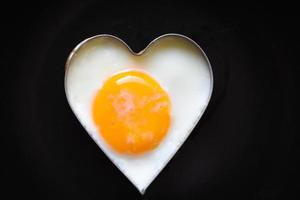 Fried eggs in a frying pan for breakfast on a black background Fried egg for a healthy heart and mind love cooking concept photo
