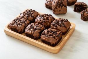 dark chocolate brownies topped by chocolate chips photo