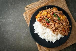 stir-fried minced pork with basil and egg topped on rice photo