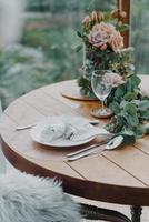 close-up plate and napkin on dining table photo