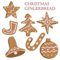 Christmas set of gingerbread, honey cakes decorated with white icing. Gingerbread in the form of hook, ball, bell, Christmas tree, boot, star. New Year greeting card. Vector illustration.