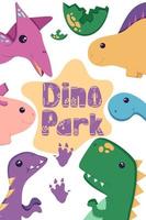 Poster of cute dinosaurs for decorating the nursery, Mesozoic era stickers for children, with hand drawn alphabet in a flat style, isolated on a white. vector