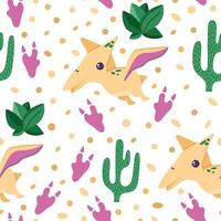 Patrón sin fisuras de lindo dinosaurio con cactus y suculentas para decorar la guardería, pancartas o textiles. estilo plano, aislado en un blanco. vector