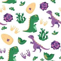 Seamless pattern of cute t-rex and lizard with cactus and footprint for decorating the nursery, banners or textile. Flat style, isolated on a white. vector