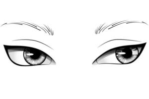 Hand drawn cartoon woman eyes with detailed irises, eyebrows and lashes. Typography vector illustration