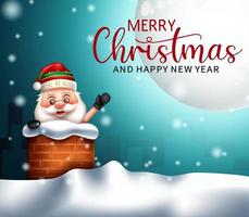 Merry christmas santa vector background design. Merry christmas greeting text with friendly santa claus character waving in roof chimney for xmas eve happy holiday celebration. Vector illustration.