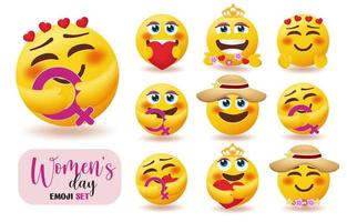 Women emoji characters vector set. Women's day emoticon collection with girl character holding female symbol for woman and mothers celebration design. Vector illustration.