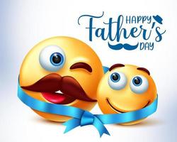 Emojis father's day vector design. Happy father's day text with emoji 3d father and child characters tied in ribbon for family parents day celebration design. Vector illustration