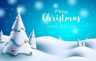Merry christmas vector background design. Merry christmas text with fir tree and xmas balls decoration in outdoor snowy for holiday season greeting card. Vector illustration