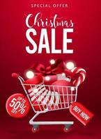 Christmas sale vector poster design. Christmas special offer promotion text with shopping cart elements for xmas holiday clearance design. Vector illustration.