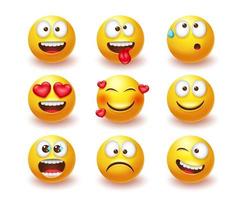 conjunto de vectores de emoticonos emoji. Emojis personajes 3d con expresiones y emociones como feliz, enamorado y loco en el icono de cara amarilla para un lindo diseño de colección de personajes de avatar. ilustración vectorial