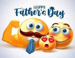 diseño de banner de vector de emoji del día del padre. Texto feliz del día del padre con emoticonos Personajes familiares de padre, madre e hijo en 3D para la celebración del día de los padres. ilustración vectorial