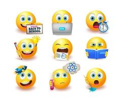 emoticon back to school emoji vector set. emoticonos con poses y expresiones educativas como estudiar y pensar para el diseño de la colección de personajes de emojis de estudiantes. ilustración vectorial