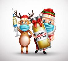 Christmas covid-19 vaccine vector design. Christmas 3d santa claus and reindeer characters holding vaccination bottle and injection for xmas celebration safety. Vector illustration.