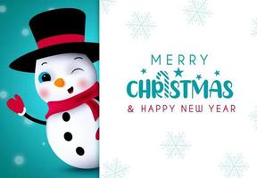 Christmas snowman vector template design. Merry christmas text in white empty space with waving snow man character for xmas messages greeting card. Vector illustration.