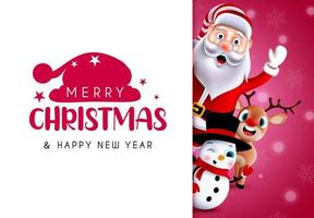 Christmas vector template design. Merry christmas typography text in white space with happy santa and snowman characters in background for xmas greeting card. Vector illustration.