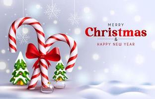 Merry christmas vector background design. Merry christmas greeting text with candy cane and miniature pine tree element for xmas holiday decoration. Vector illustration