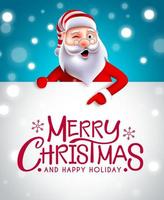 Christmas santa greeting vector template design. Merry christmas text in white message space with santa claus character peeking and pointing for xmas card. Vector illustration.