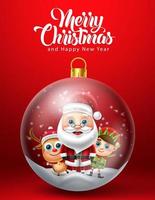 Christmas crystal ball vector design. Merry christmas text with santa claus, reindeer and elf characters in crystal ball element for xmas decoration background. Vector illustration.