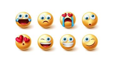 Emoji characters vector set. Emoticons graphic 3d design in funny, cute and sad broken hearted face emotions for emojis expression icon character collection. Vector illustration.