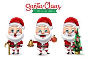 Santa christmas character vector set. Santa claus character in holding and decorating xmas tree element for cute 3d holiday season collection element design. Vector illustration