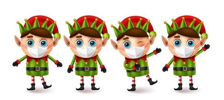 Elfs christmas character vector set. Elf collection characters wearing face mask for covid-19 campaign for new normal xmas elements design. Vector illustration.