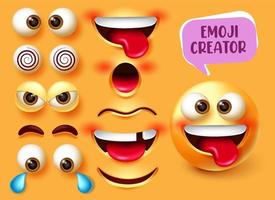 diseño de conjunto de vectores de creador de emoji. Kit de personajes emoticonos 3D con elementos editables de caras divertidas, enojadas y tristes como ojos y boca para el diseño de creación de expresiones faciales de emojis. ilustración vectorial