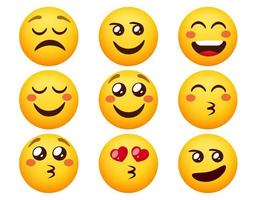 Emoji in love vector set. Emoticons characters in blushing, smiling and kissing face expression for emojis love character cute reaction. Vector illustration.